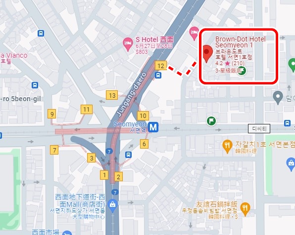 釜山西面站飯店推薦 | Brown-Dot Hotel Seomyeon，地鐵電梯出口1分鐘可達